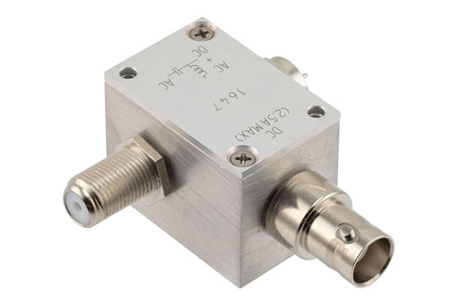 10 MHz to 3 GHz, Type F 75 Ohm Bias Tee, Rated 2.5 Amps and 100 Volts, DC BNC Connector