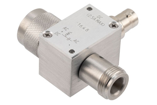 10 MHz to 3 GHz, Type N 75 Ohm Bias Tee, Rated 2.5 Amps and 100 Volts, DC BNC Connector