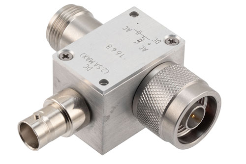 10 MHz to 3 GHz, Type N 75 Ohm Bias Tee, Rated 2.5 Amps and 100 Volts, DC BNC Connector
