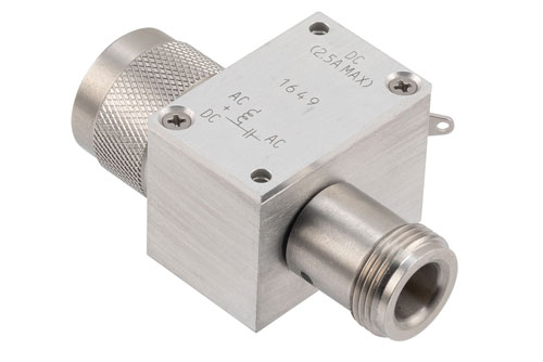 10 MHz to 3 GHz, Type N 75 Ohm Bias Tee, Rated 2.5 Amps and 100 Volts, DC Pin