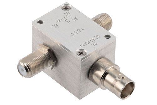10 MHz to 3 GHz, Type F 75 Ohm Bias Tee, Rated 2.5 Amps and 100 Volts, DC BNC Connector