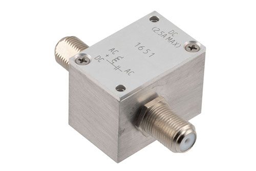 10 MHz to 3 GHz, Type F 75 Ohm Bias Tee, Rated 2.5 Amps and 100 Volts, DC Pin