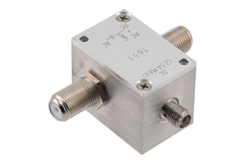 10 MHz to 3 GHz, Type F 75 Ohm Bias Tee, Rated 2.5 Amps and 100 Volts, DC Pin