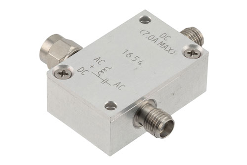 1 GHz to 6 GHz SMA High Current Bias Tee, Rated 7 Amps and 100 Volts, DC SMA Connector