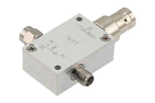 1 GHz to 6 GHz SMA High Current Bias Tee, Rated 7 Amps and 100 Volts, DC BNC Connector
