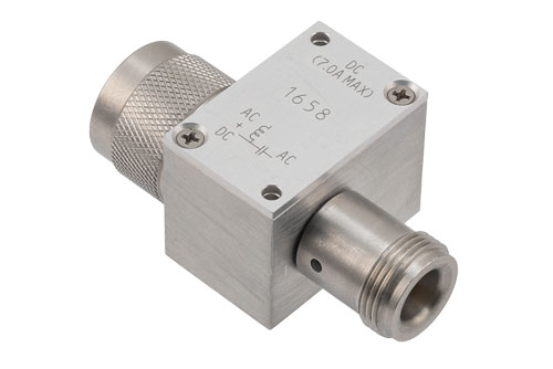 0.5 GHz to 2 GHz N Type High Current Bias Tee, Rated 7 Amps and 100 Volts, DC SMA Connector