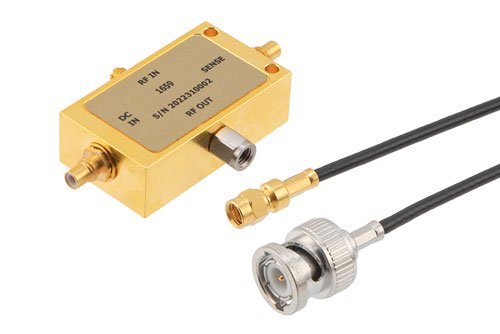 100 MHz to 110 GHz Ultra-Wide Band Kelvin Bias Tee 1.0 mm(f) input, 1.0 mm(m) output, SMC(m) bias Rated to 400 mA and 16V Volts DC
