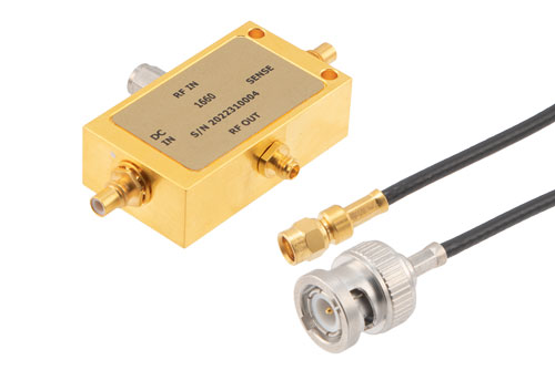 100 MHz to 110 GHz Ultra-Wide Band Kelvin Bias Tee 1.0 mm(m) input, 1.0 mm(f) output, SMC(m) bias Rated to 400 mA and 16V Volts DC