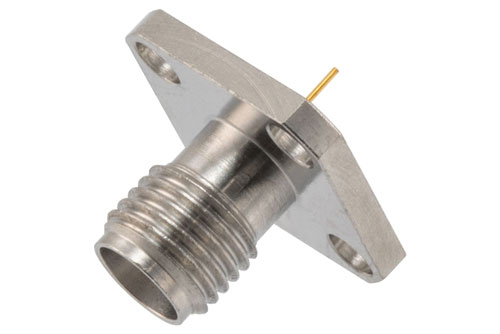 SMA Female Hermetically Sealed Connector Solder Attachment 4 Hole Flange Mount Terminal, 0.340 inch Hole Spacing, Stainless Steel body