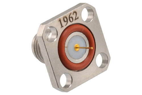 SMA Female Hermetically Sealed Connector Solder Attachment 4 Hole Flange Mount Terminal, 0.340 inch Hole Spacing, Stainless Steel body