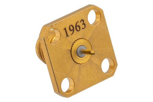 SMA Female Hermetically Sealed Connector Solder Attachment 4 Hole Flange Mount Terminal with Tab Contact, 0.340 inch Hole Spacing