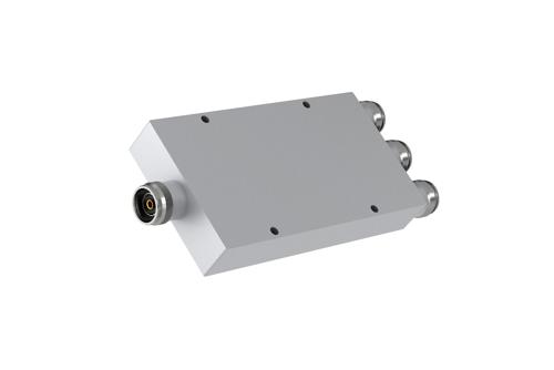 Low PIM 3 Way 4.3-10 Power Divider from 555 MHz to 6 GHz Rated at 80 Watts, IP65 Rated