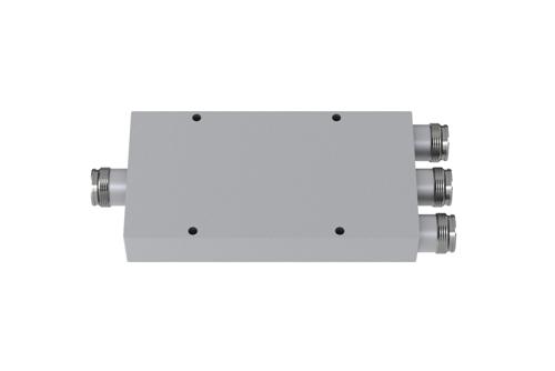 Low PIM 3 Way 4.3-10 Power Divider from 555 MHz to 6 GHz Rated at 80 Watts, IP65 Rated