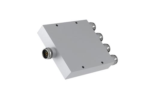 Low PIM 4 Way 4.3-10 Power Divider from 555 MHz to 6 GHz Rated at 80 Watts, IP65 Rated