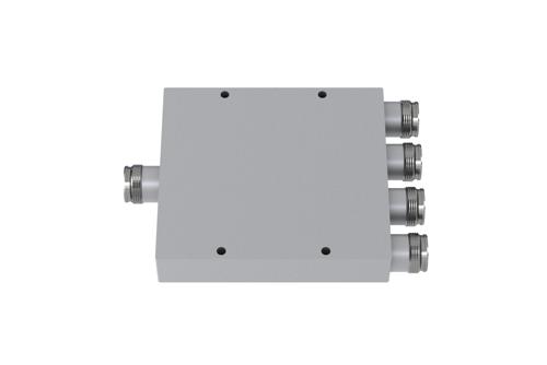 Low PIM 4 Way 4.3-10 Power Divider from 555 MHz to 6 GHz Rated at 80 Watts, IP65 Rated