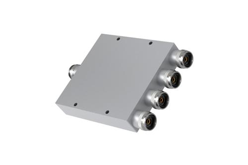 Low PIM 4 Way 4.3-10 Power Divider from 555 MHz to 6 GHz Rated at 80 Watts, IP65 Rated