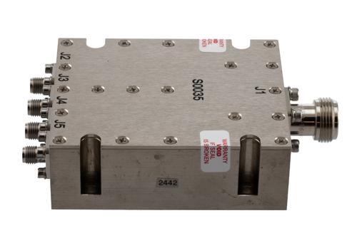 4 Way Broadband Combiner from 2 GHz to 8 GHz SMA Female Input and N-Type Female Output rated 300 Watts