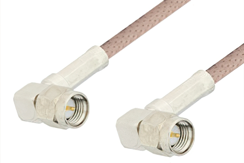 SMA Male Right Angle to SMA Male Right Angle Cable 18 Inch Length Using 95 Ohm RG180 Coax, RoHS