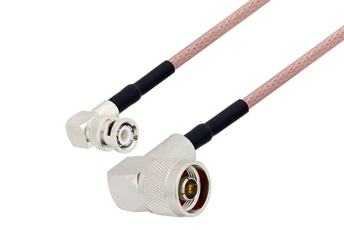BNC Male Right Angle to N Male Right Angle Cable Using RG142 Coax with HeatShrink, LF Solder