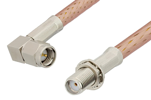 SMA Male Right Angle to SMA Female Bulkhead Cable 6 Inch Length Using PE-P195 Coax