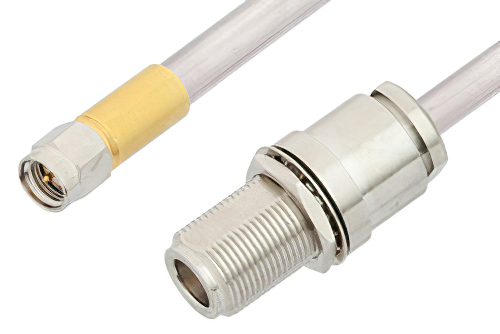 SMA Male to N Female Bulkhead Cable 12 Inch Length Using PE-SR401AL Coax , LF Solder