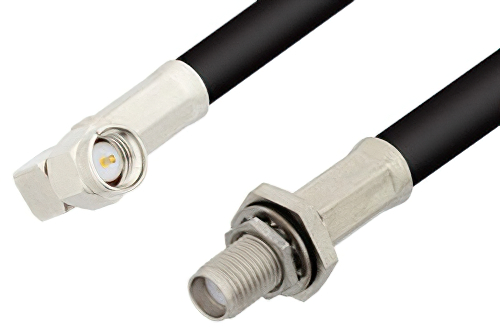 SMA Male Right Angle to SMA Female Bulkhead Cable 24 Inch Length Using 75 Ohm RG59 Coax, RoHS