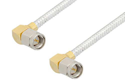 SMA Male Right Angle to SMA Male Right Angle Cable 18 Inch Length Using PE-SR402FL Coax, RoHS