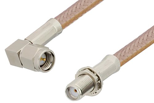 SMA Male Right Angle to SMA Female Bulkhead Cable Using RG400 Coax, LF Solder, RoHS