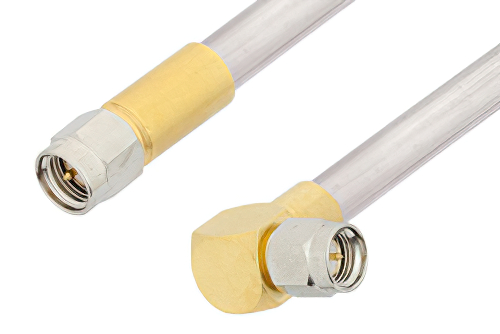 SMA Male to SMA Male Right Angle Cable Using PE-SR401AL Coax , LF Solder