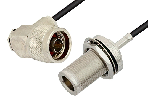 N Male Right Angle to N Female Bulkhead Cable 48 Inch Length Using RG174 Coax, RoHS
