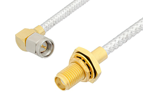 SMA Male Right Angle to SMA Female Bulkhead Cable 36 Inch Length Using PE-SR402FL Coax, RoHS