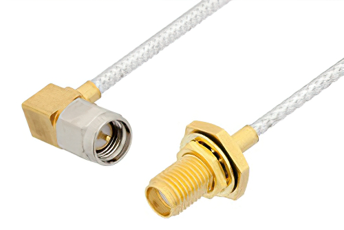 SMA Male Right Angle to SMA Female Bulkhead Cable Using PE-SR405FL Coax , LF Solder