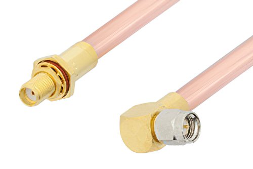 SMA Male Right Angle to SMA Female Bulkhead Cable Using RG401 Coax, RoHS