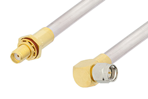 SMA Male Right Angle to SMA Female Bulkhead Cable Using PE-SR401AL Coax , LF Solder