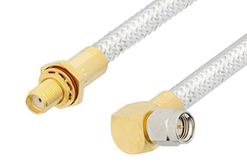 SMA Male Right Angle to SMA Female Bulkhead Cable Using PE-SR401FL Coax, RoHS