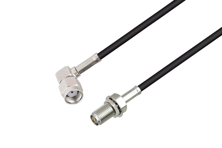 Reverse Polarity SMA Plug Right Angle to Reverse Polarity SMA Jack Bulkhead Cable 36 Inch Length Using RG174 Coax , LF Solder