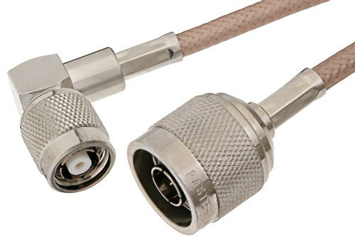 N Male to Reverse Polarity TNC Male Right Angle Cable 12 Inch Length Using RG400 Coax