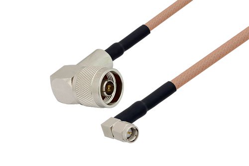 N Male Right Angle to SMA Male Right Angle Cable Using RG400 Coax with HeatShrink, LF Solder