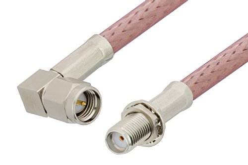 SMA Male Right Angle to SMA Female Bulkhead Cable Using RG142 Coax, RoHS