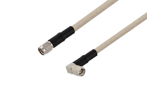 SMA Male to SMA Male Right Angle Cable Using RG141 Coax with HeatShrink, LF Solder