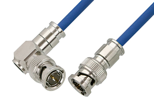 75 Ohm BNC Male to 75 Ohm BNC Male Right Angle Cable 48 Inch Length Using 75 Ohm PE-B159-BL Blue Coax