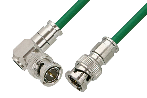 75 Ohm BNC Male to 75 Ohm BNC Male Right Angle Cable 24 Inch Length Using 75 Ohm PE-B159-GR Green Coax