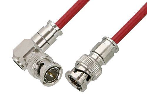 75 Ohm BNC Male to 75 Ohm BNC Male Right Angle Cable 48 Inch Length Using 75 Ohm PE-B159-RD Red Coax