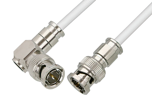 75 Ohm BNC Male to 75 Ohm BNC Male Right Angle Cable 12 Inch Length Using 75 Ohm PE-B159-WH White Coax