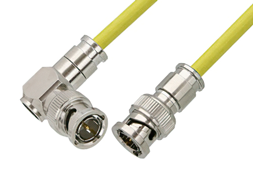 75 Ohm BNC Male to 75 Ohm BNC Male Right Angle Cable 12 Inch Length Using 75 Ohm PE-B159-YW Yellow Coax