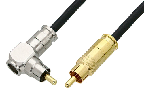 75 Ohm RCA Male to 75 Ohm RCA Male Right Angle Cable 12 Inch Length Using 75 Ohm PE-B159-BK Black Coax