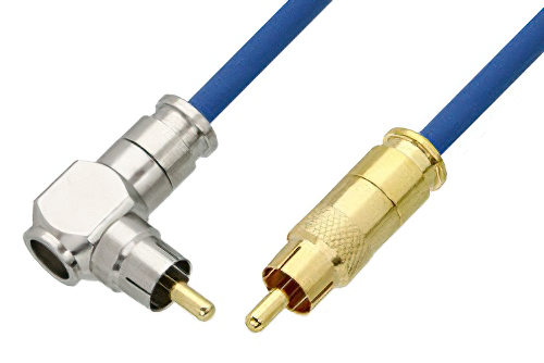 75 Ohm RCA Male to 75 Ohm RCA Male Right Angle Cable Using 75 Ohm PE-B159-BL Blue Coax