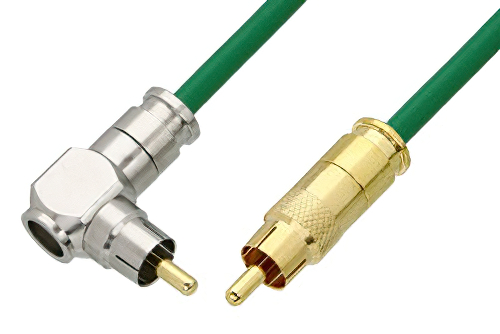 75 Ohm RCA Male to 75 Ohm RCA Male Right Angle Cable Using 75 Ohm PE-B159-GR Green Coax