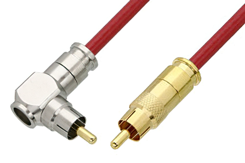 75 Ohm RCA Male to 75 Ohm RCA Male Right Angle Cable 24 Inch Length Using 75 Ohm PE-B159-RD Red Coax