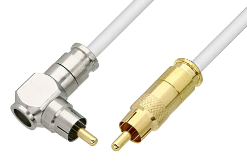 75 Ohm RCA Male to 75 Ohm RCA Male Right Angle Cable 12 Inch Length Using 75 Ohm PE-B159-WH White Coax